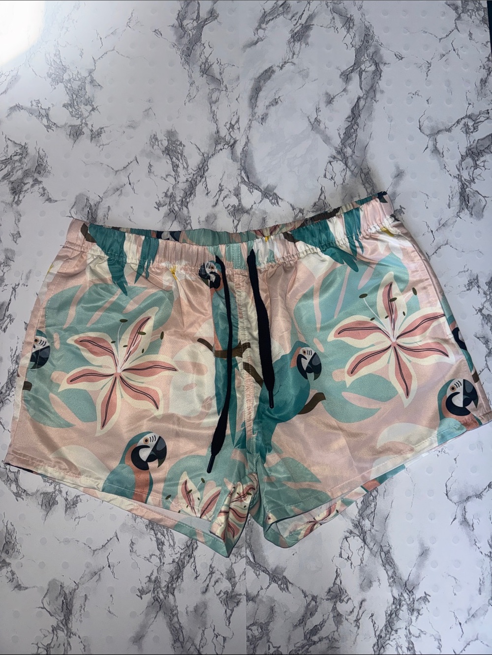 Women's Active Shorts Light Pink Blue Tropical Print Size L